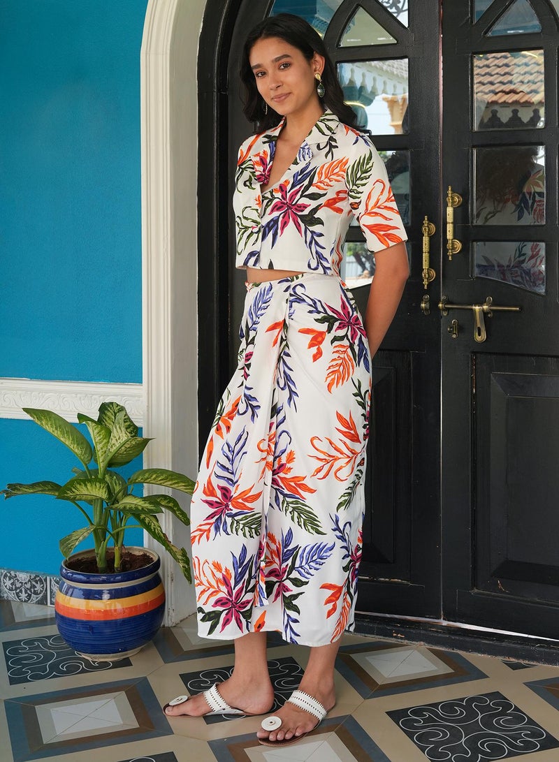 QISSA Women's Daisy White Flowing Botanics Co-Ord Set For Casual Wear | Cuban Collar | Short Regular Sleeves | 2 Piece Co-Ords Designed With Comfort Fit For Everyday Ethnic Wear - Image 3